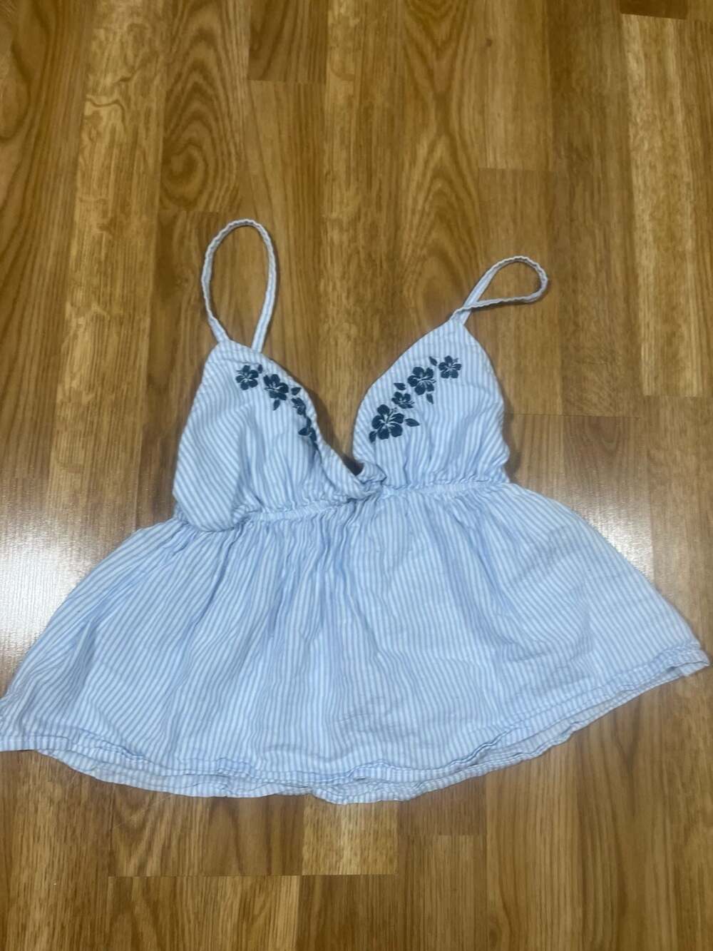 Subdued Blue and White Striped Floral Embroidered Babydoll Cami Top